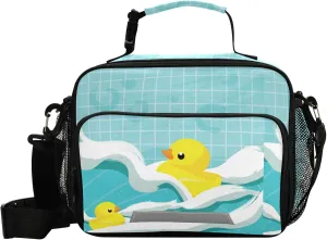 Pfrewn Lunch Box for Kids School Students Yellow Duck Swims in The Bath Insulated Lunch Bag with Shoulder Strap for Office Adults Reusable Cooler Bags Lunch Tote for Girls Boys Teens