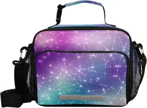 Pfrewn Magic Space Stars Blurred Lights Lunch Box Kids School Students Magical Universe Galaxy Nebula Stars Insulated Lunch Bag with Shoulder Strap for Office Adults Reusable Cooler Bags Lunch Tote