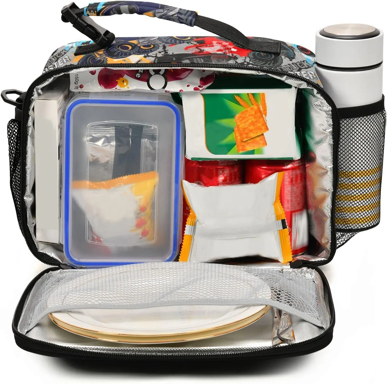 Pfrewn Monster Truck Car Grunge Lunch Box for Kids Adults Insulated Lunch Bag with Shoulder Strap Reusable Cooler Bags Lunch Tote for Office School Girls Boys Teens