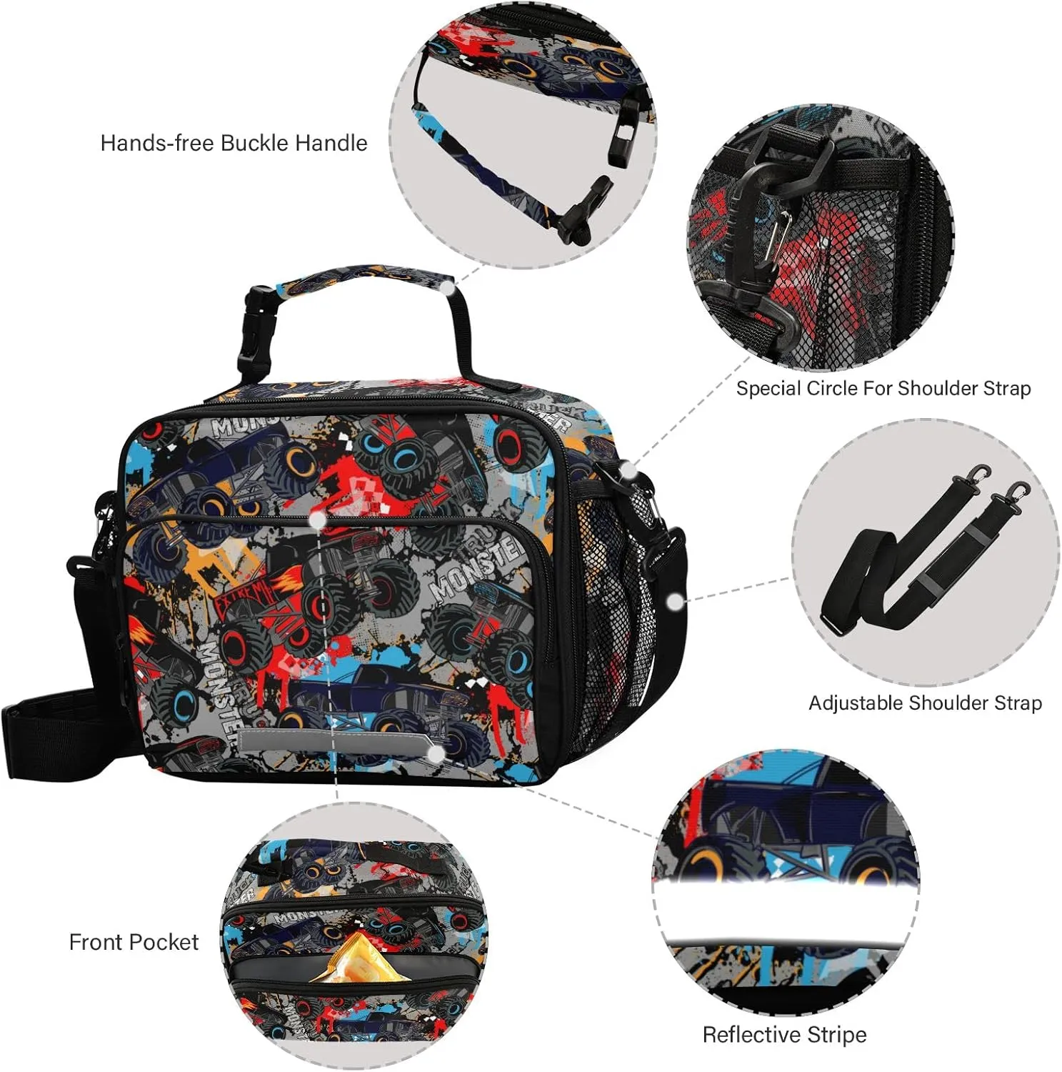 Pfrewn Monster Truck Car Grunge Lunch Box for Kids Adults Insulated Lunch Bag with Shoulder Strap Reusable Cooler Bags Lunch Tote for Office School Girls Boys Teens