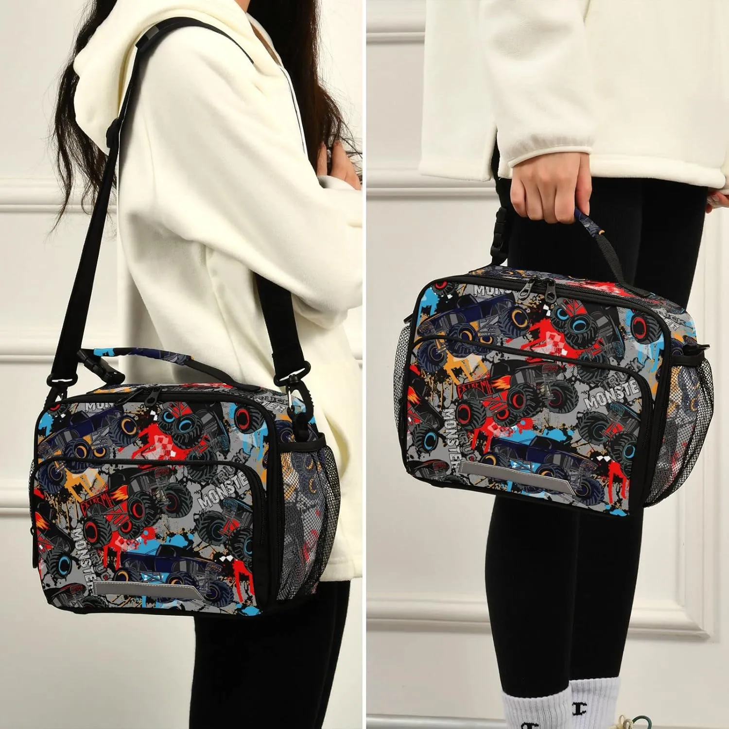 Pfrewn Monster Truck Car Grunge Lunch Box for Kids Adults Insulated Lunch Bag with Shoulder Strap Reusable Cooler Bags Lunch Tote for Office School Girls Boys Teens