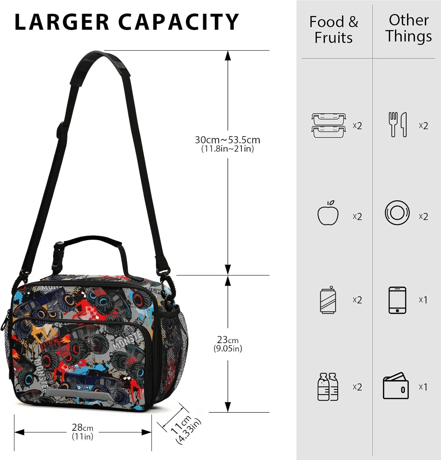 Pfrewn Monster Truck Car Grunge Lunch Box for Kids Adults Insulated Lunch Bag with Shoulder Strap Reusable Cooler Bags Lunch Tote for Office School Girls Boys Teens