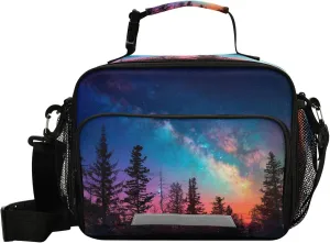 Pfrewn Night Forest Sunset Lunch Box Kids School Students Milky Way Starry Sky Galaxy Insulated Lunch Bag with Shoulder Strap for Office Adults Reusable Cooler Bags Lunch Tote