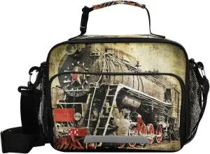 Pfrewn Steam Locomotive Old Train Lunch Box for Kids School Students Insulated Lunch Bag with Shoulder Strap for Office Adults Reusable Cooler Bags Lunch Tote