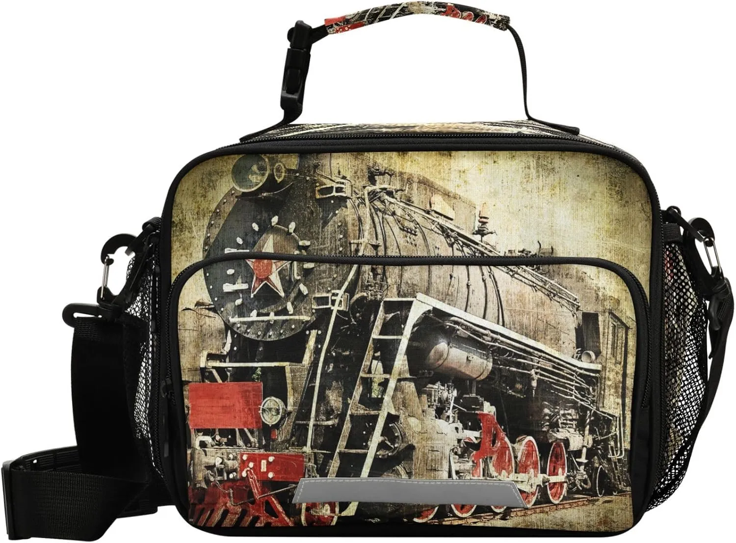 Pfrewn Steam Locomotive Old Train Lunch Box for Kids School Students Insulated Lunch Bag with Shoulder Strap for Office Adults Reusable Cooler Bags Lunch Tote
