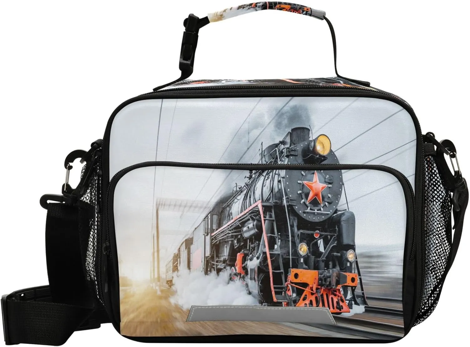 Pfrewn Vintage Black Steam Lunch Box for Kids School Students Locomotive Train Rush Railway Insulated Lunch Bag with Shoulder Strap for Office Adults Reusable Cooler Bags Lunch Tote
