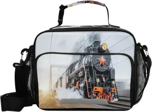 Pfrewn Vintage Black Steam Lunch Box for Kids School Students Locomotive Train Rush Railway Insulated Lunch Bag with Shoulder Strap for Office Adults Reusable Cooler Bags Lunch Tote