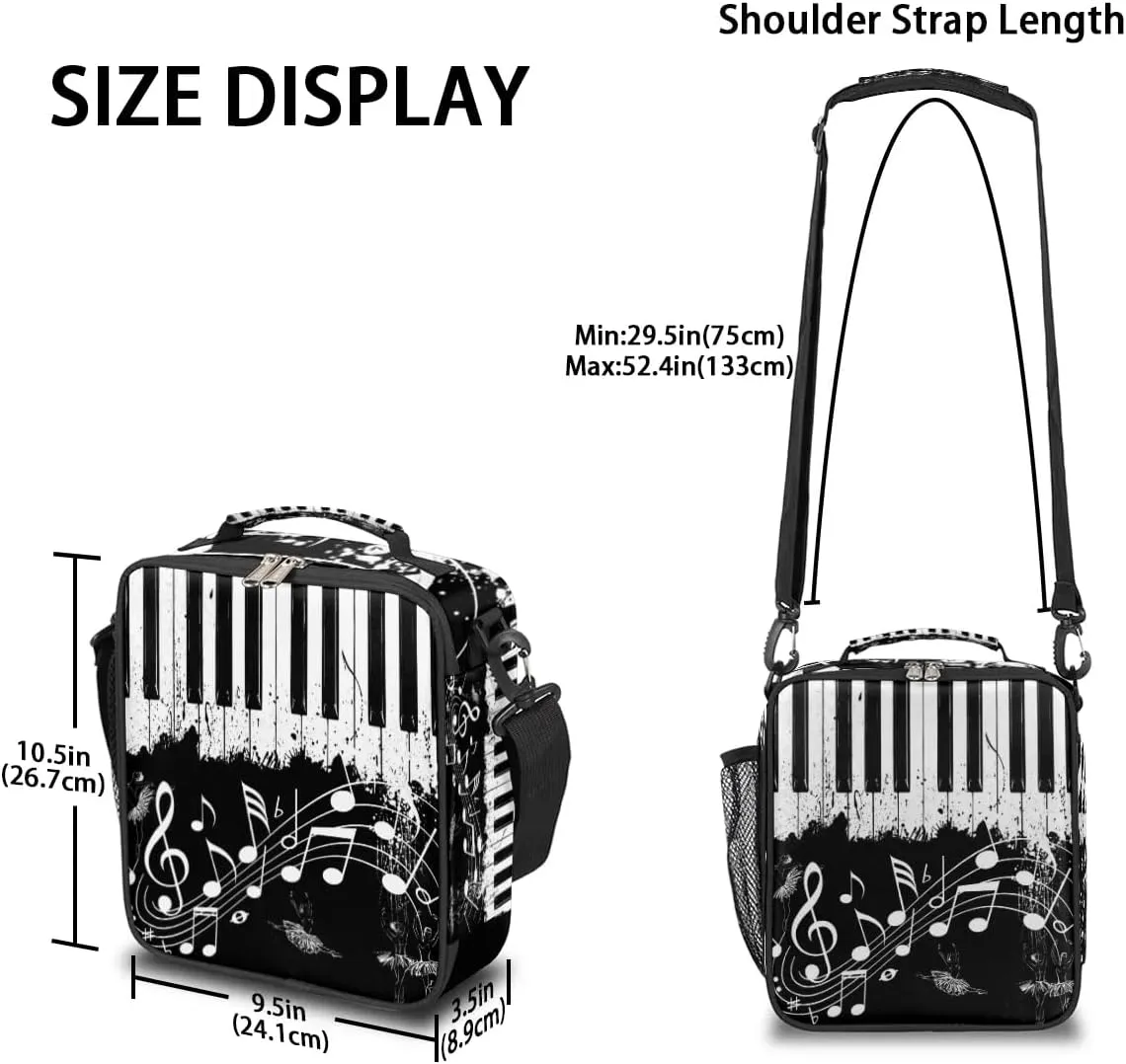 Piano Lunch Bags for Girls Insulated Lunch Boxes Rectangular Waterproof Lunch Tote Bag with Adjustable Shoulder Strap Portable Music Notes Picnic Bag for School Work Outdoor Gifts