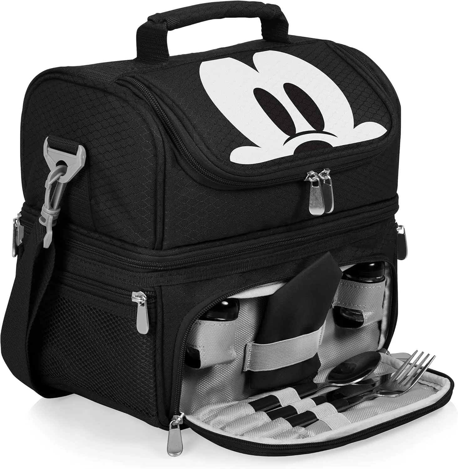 PICNIC TIME Disney Mickey Mouse Pranzo Lunch Bag, Insulated Lunch Box with Utensil Set, Lunch Cooler Bag, (Black), 11 x 7.5 x 12