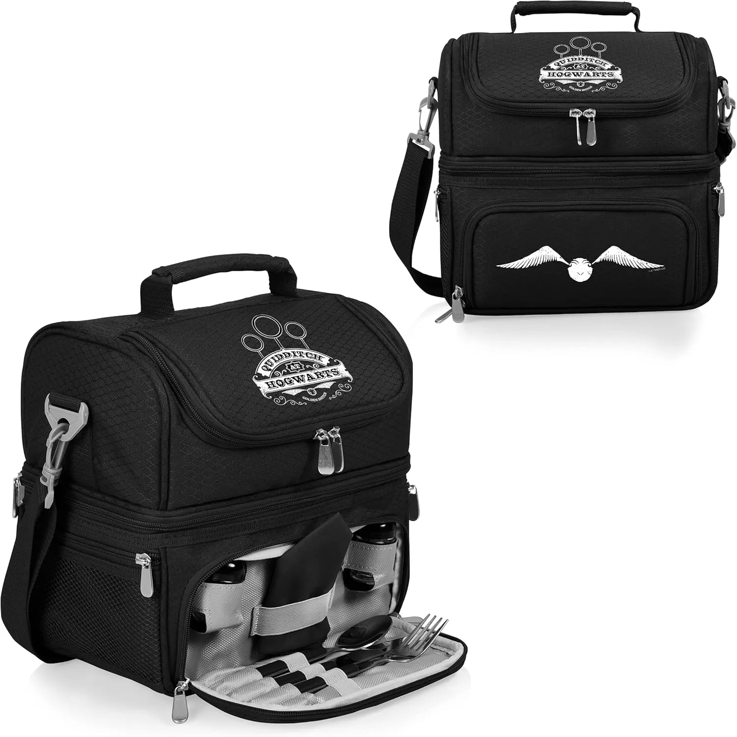 PICNIC TIME Harry Potter Quidditch Pranzo Lunch Bag, Insulated Lunch Box with Utensil Set, Lunch Cooler Bag, (Black), 11 x 7.5 x 12