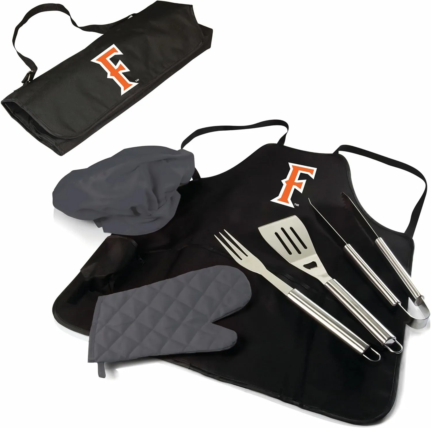 PICNIC TIME NCAA Cal State Fullerton Titans BBQ Apron Tote Pro Grill Set, Heavy Duty BBQ Apron for Men with BBQ Accessories, Cooking Apron with BBQ Tools, (Black with Gray Accents)