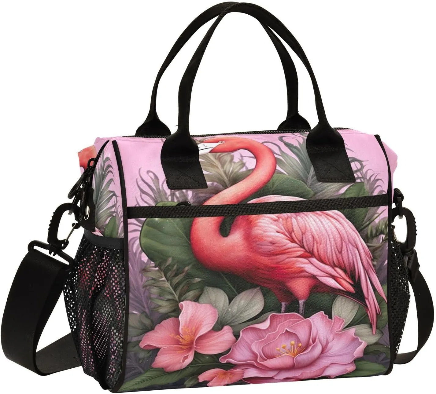 Pink Flamingo Lunch Bag Reusable Insulated Lunch Box Cooler Tote Removable Shoulder Strap Meal Picnic Bags for Outdoor Travel Office Work Medium
