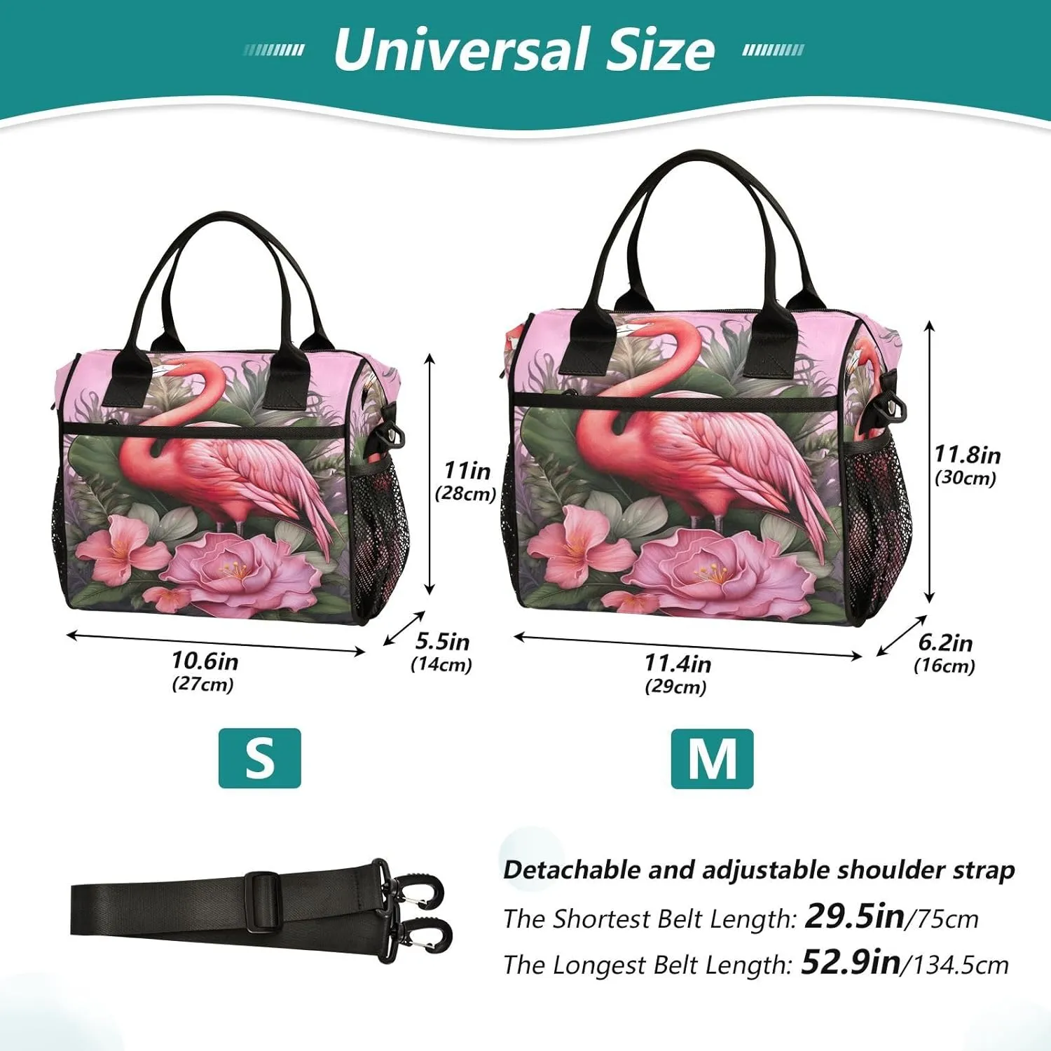 Pink Flamingo Lunch Bag Reusable Insulated Lunch Box Cooler Tote Removable Shoulder Strap Meal Picnic Bags for Outdoor Travel Office Work Medium
