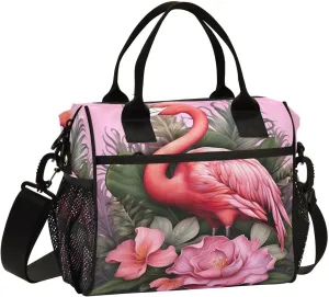 Pink Flamingo Lunch Bag Reusable Insulated Lunch Box Cooler Tote Removable Shoulder Strap Meal Picnic Bags for Outdoor Travel Office Work Medium