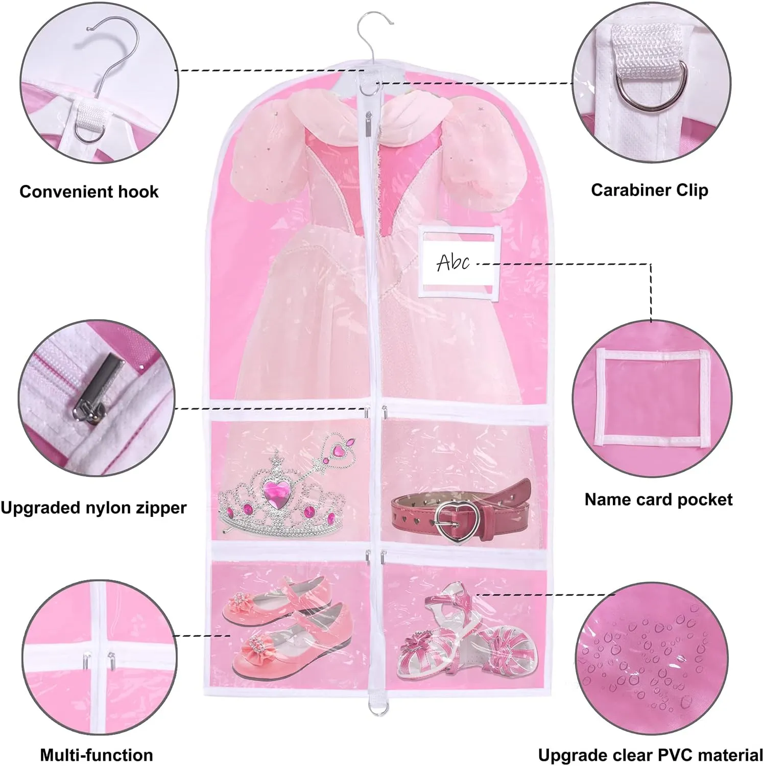Pink Kids Dance Garment Bag for Hanging Clothes,37 Inch Waterproof PVC Travel Garment Bag with 3 Pockets for Dance Costumes,Sports,Skating,Theatre,Beauty Pageants & More