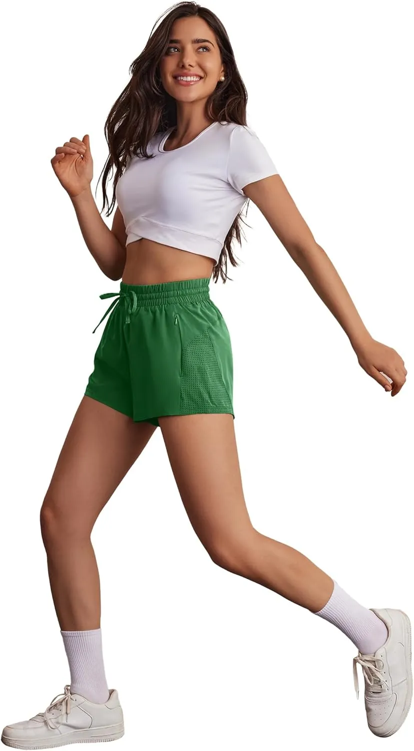 PINSPARK Womens Athletic Shorts High Waisted Running Shorts 2 in 1 Drawstring Quick Dry Gym Shorts with Zipper Pockets
