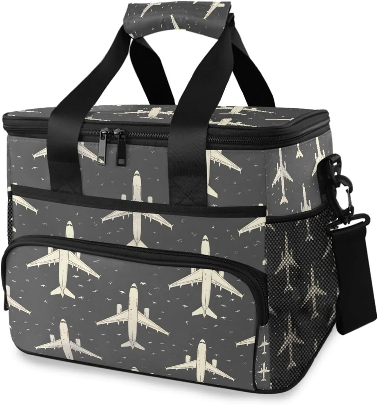 Plane Black Pattern Cooler Bag Insulated Cooler Soft Sided Cooler 24 Can Portable Picnic Bag Large Leakproof Lunch Bag Box for Beach Grocery Camping Travel Car Men Women