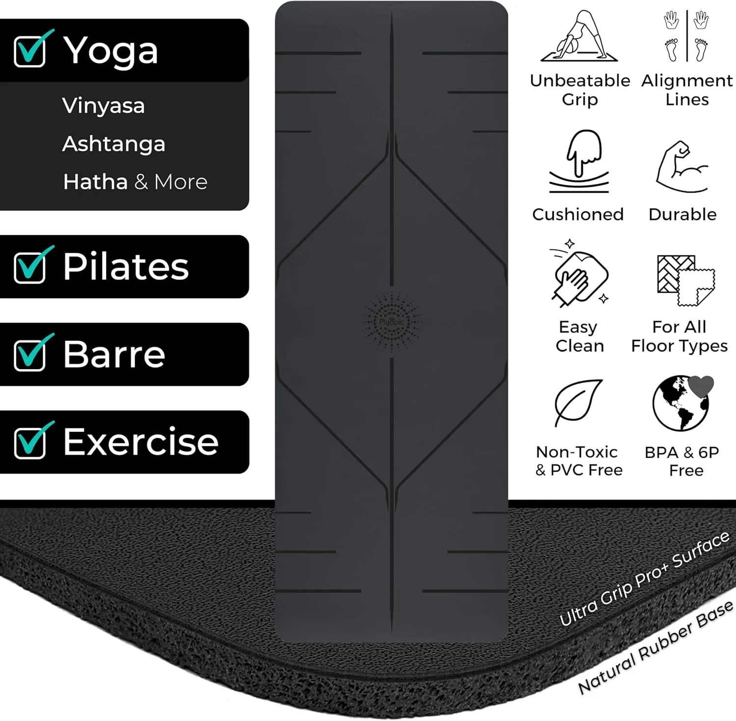 Plyopic. Ultra-Grip Pro  Yoga Mat – EXTREME Non-Slip Performance - Alignment Lines - Thick & Comfortable - For All All Levels & Yoga Styles, Pilates, Exercise, Workout