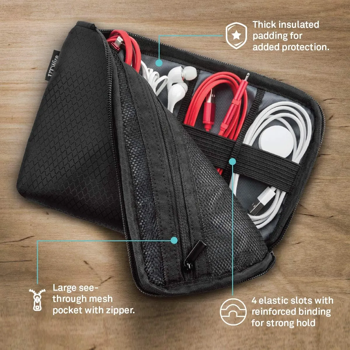Pocket Travel Organizer Case with Zipper for Charger, Cable, Power Bank, Flash Memory Accessories Holder in Black 1-Pack