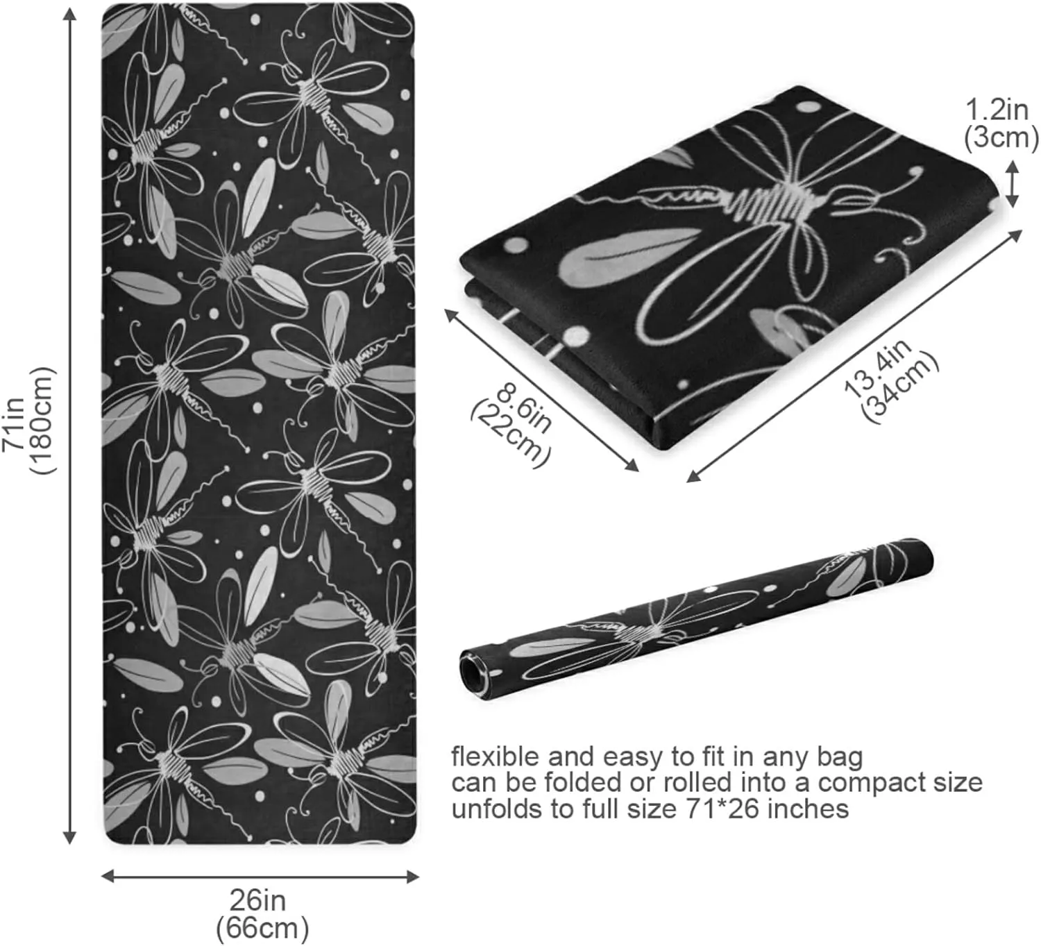 Poeticcity 1 mm Thick Non-Slip Rubber Yoga Mat, Durable Folding Workout Mat, Fitness Safe Mat with Bag for Pilates and Floor Exercises