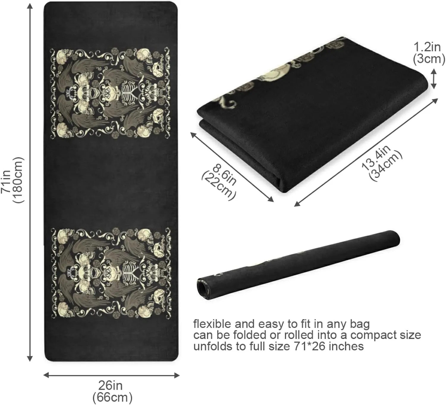 Poeticcity 1 mm Thick Non-Slip Rubber Yoga Mat, Durable Folding Workout Mat, Fitness Safe Mat with Bag for Pilates and Floor Exercises