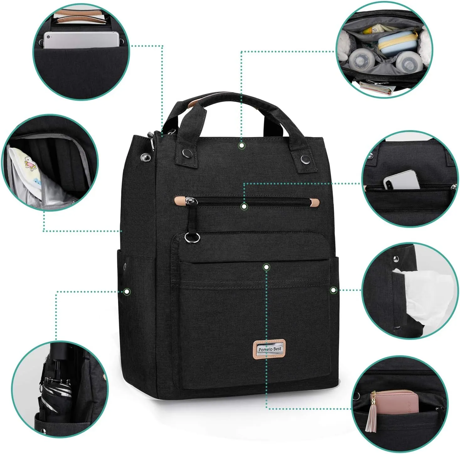 Pomelo Best Baby Diaper Bag Backpack, Large Capacity Multifunction Travel Pack with Waterproof Changing Pad, stroller hook with velcro, insulated bottle holder, utensil pocket, Dark Grey