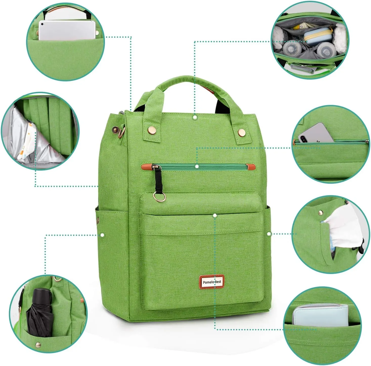 Pomelo Best Baby Diaper Bag Backpack, Large Capacity Multifunction Travel Pack with Waterproof Changing Pad, stroller hook with velcro, insulated bottle holder, utensil pocket, Green