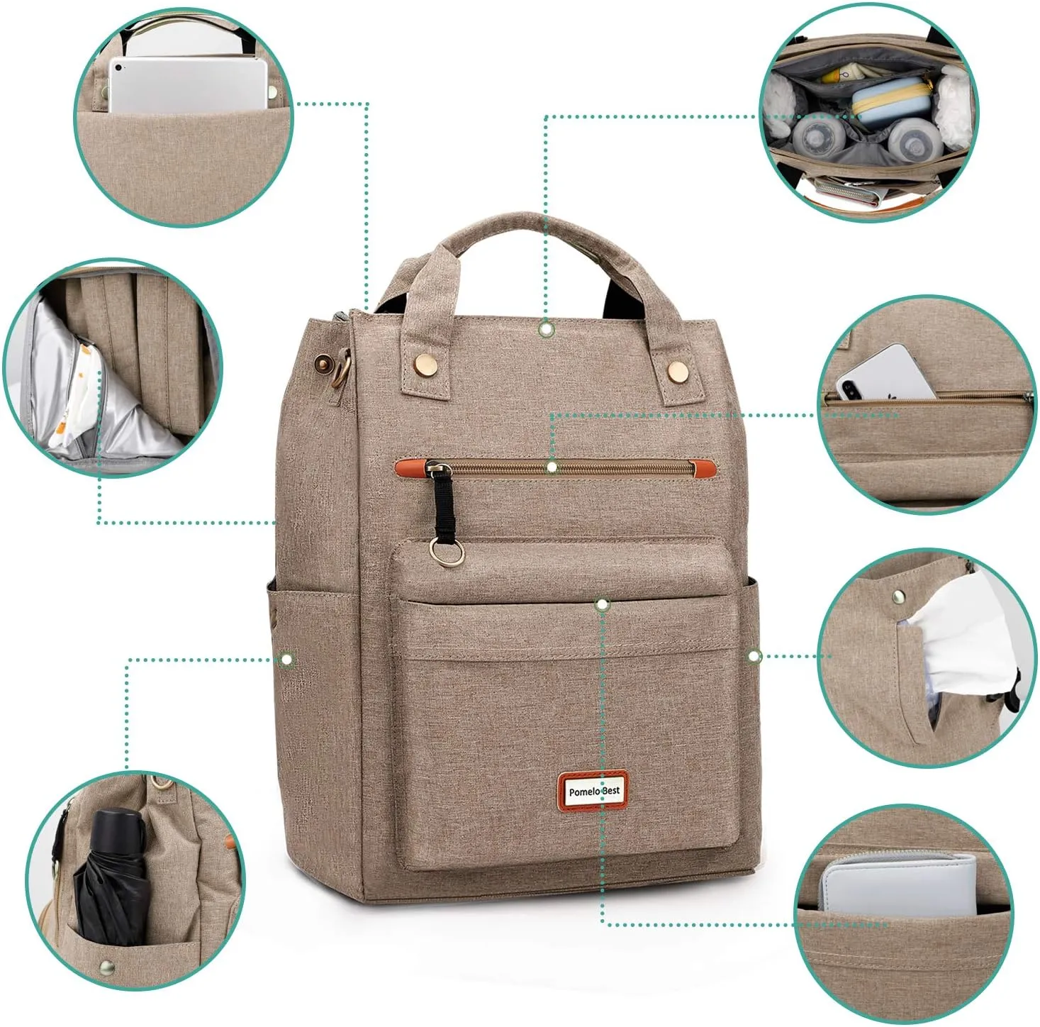 Pomelo Best Baby Diaper Bag Backpack, Large Capacity Multifunction Travel Pack with Waterproof Changing Pad, stroller hook with velcro, insulated bottle holder, utensil pocket, Light Coffee