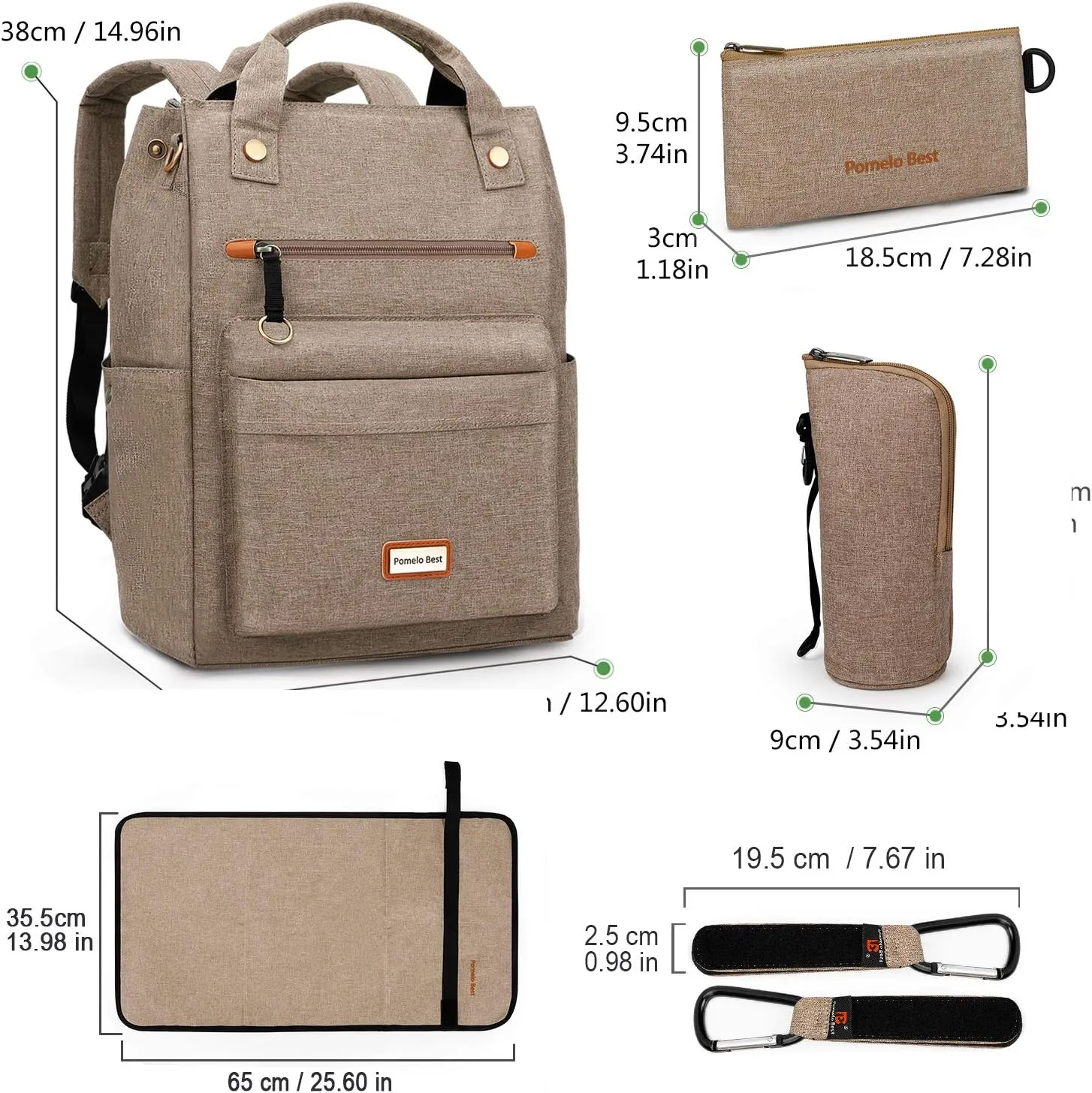 Pomelo Best Baby Diaper Bag Backpack, Large Capacity Multifunction Travel Pack with Waterproof Changing Pad, stroller hook with velcro, insulated bottle holder, utensil pocket, Light Coffee