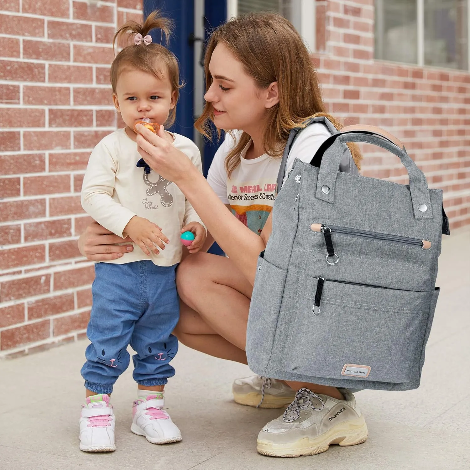 Pomelo Best Baby Diaper Bag Backpack, Large Capacity Multifunction Travel Pack with Waterproof Changing Pad, stroller hook with velcro, insulated bottle holder, utensil pocket, Light Gray