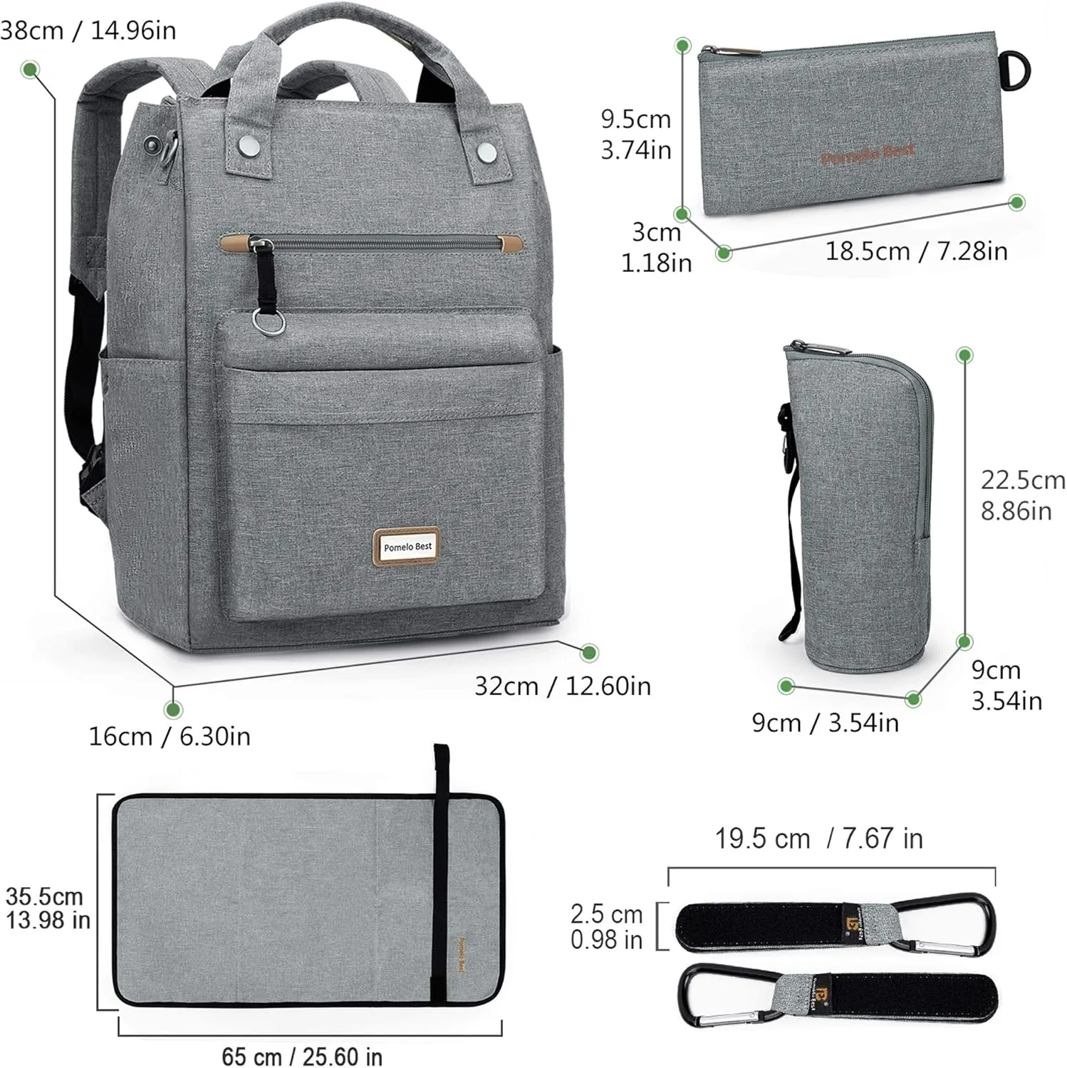 Pomelo Best Baby Diaper Bag Backpack, Large Capacity Multifunction Travel Pack with Waterproof Changing Pad, stroller hook with velcro, insulated bottle holder, utensil pocket, Light Gray