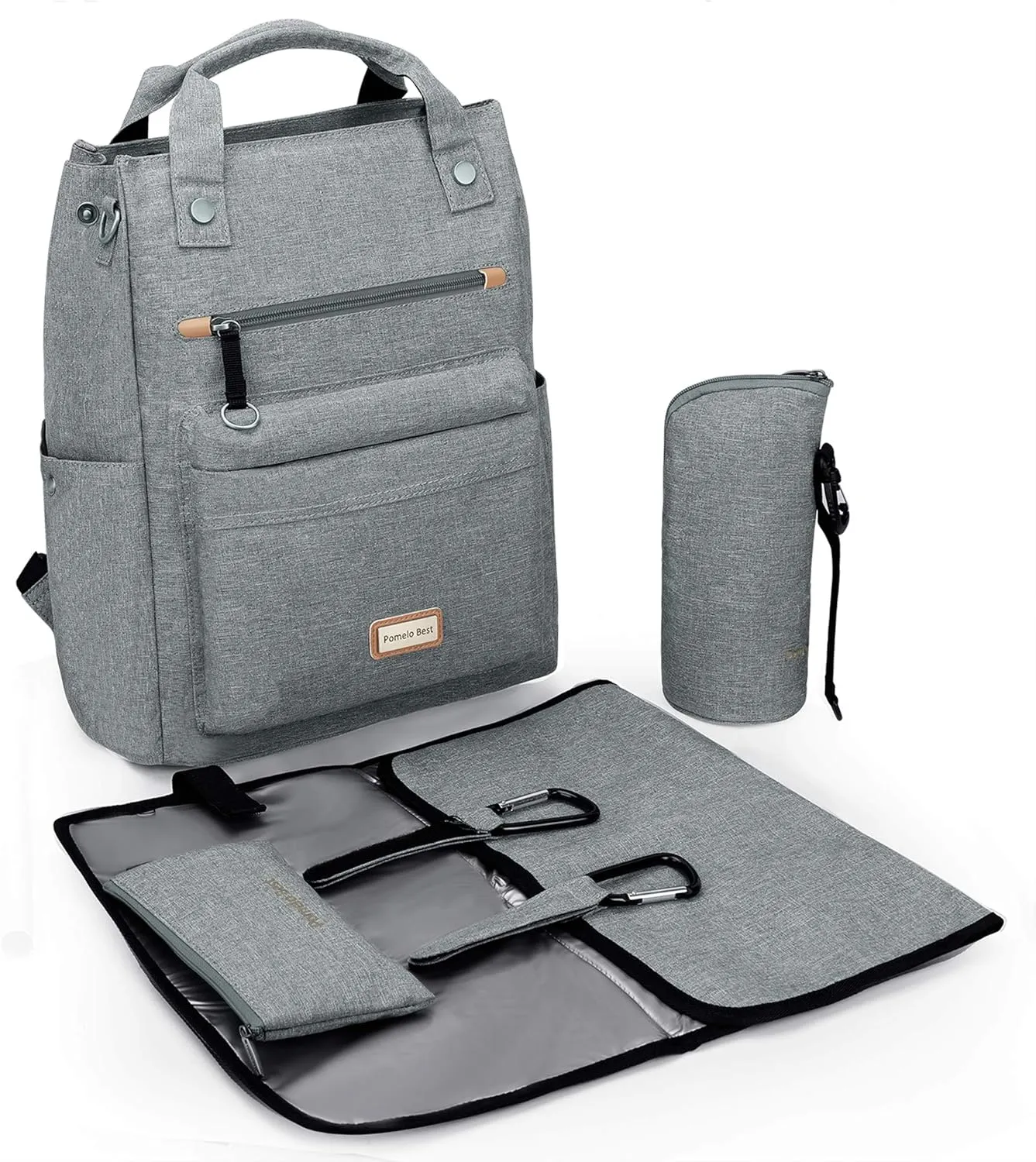 Pomelo Best Baby Diaper Bag Backpack, Large Capacity Multifunction Travel Pack with Waterproof Changing Pad, stroller hook with velcro, insulated bottle holder, utensil pocket, Light Gray