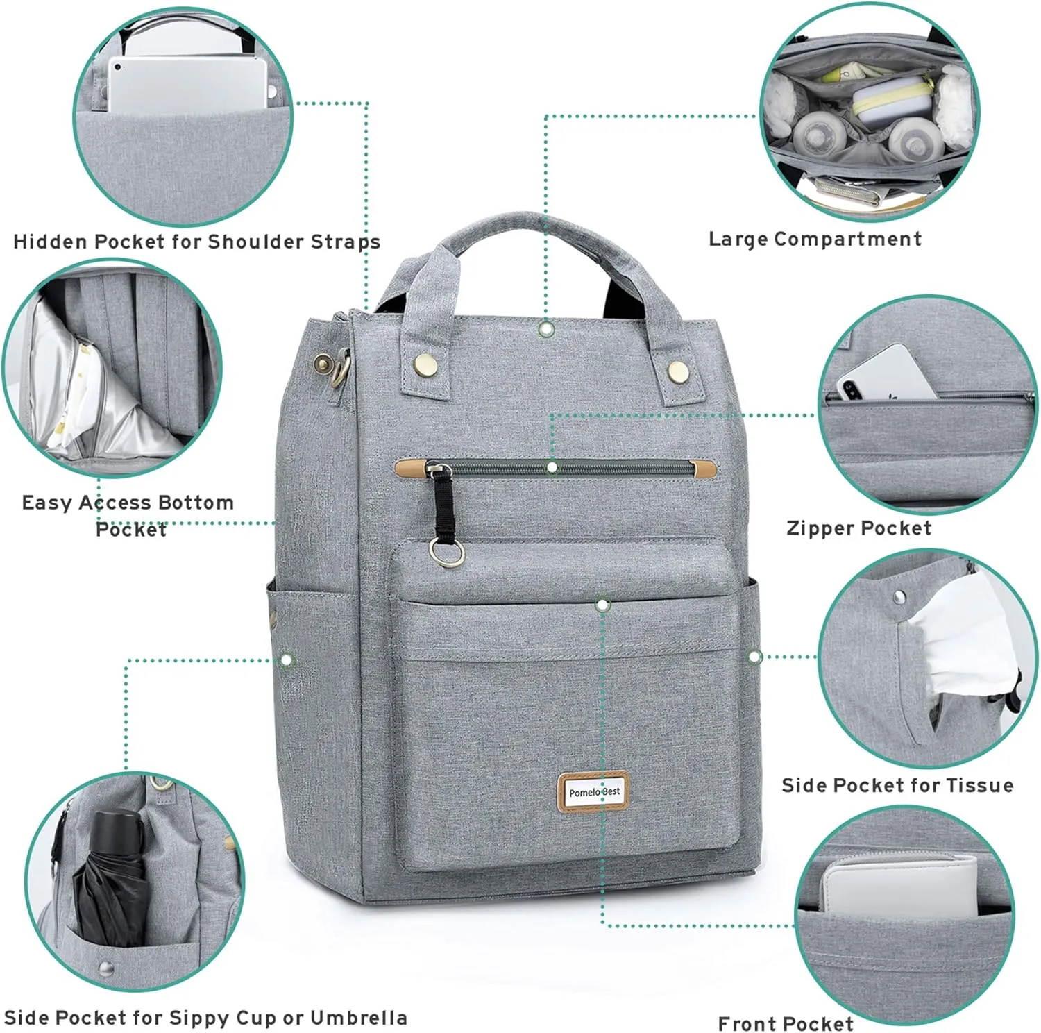 Pomelo Best Baby Diaper Bag Backpack, Large Capacity Multifunction Travel Pack with Waterproof Changing Pad, stroller hook with velcro, insulated bottle holder, utensil pocket, Light Gray