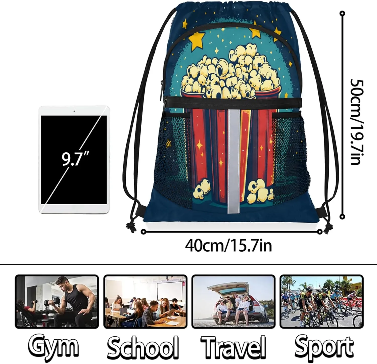 Popcorn Drawstring Backpack Waterproof Food Small String Bags Sackpack for Sports, Gym, Travel, Swimming, Beach