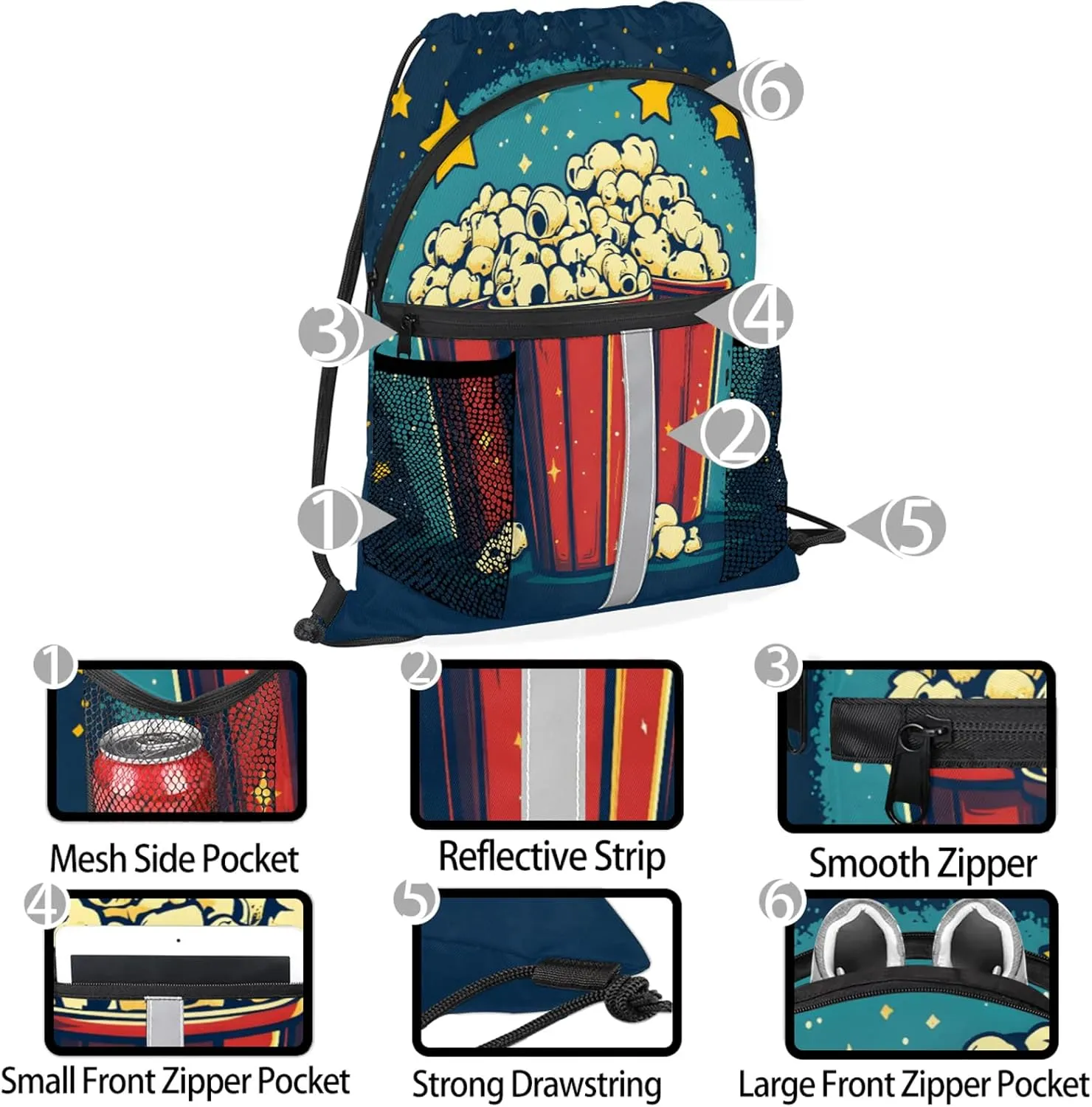 Popcorn Drawstring Backpack Waterproof Food Small String Bags Sackpack for Sports, Gym, Travel, Swimming, Beach
