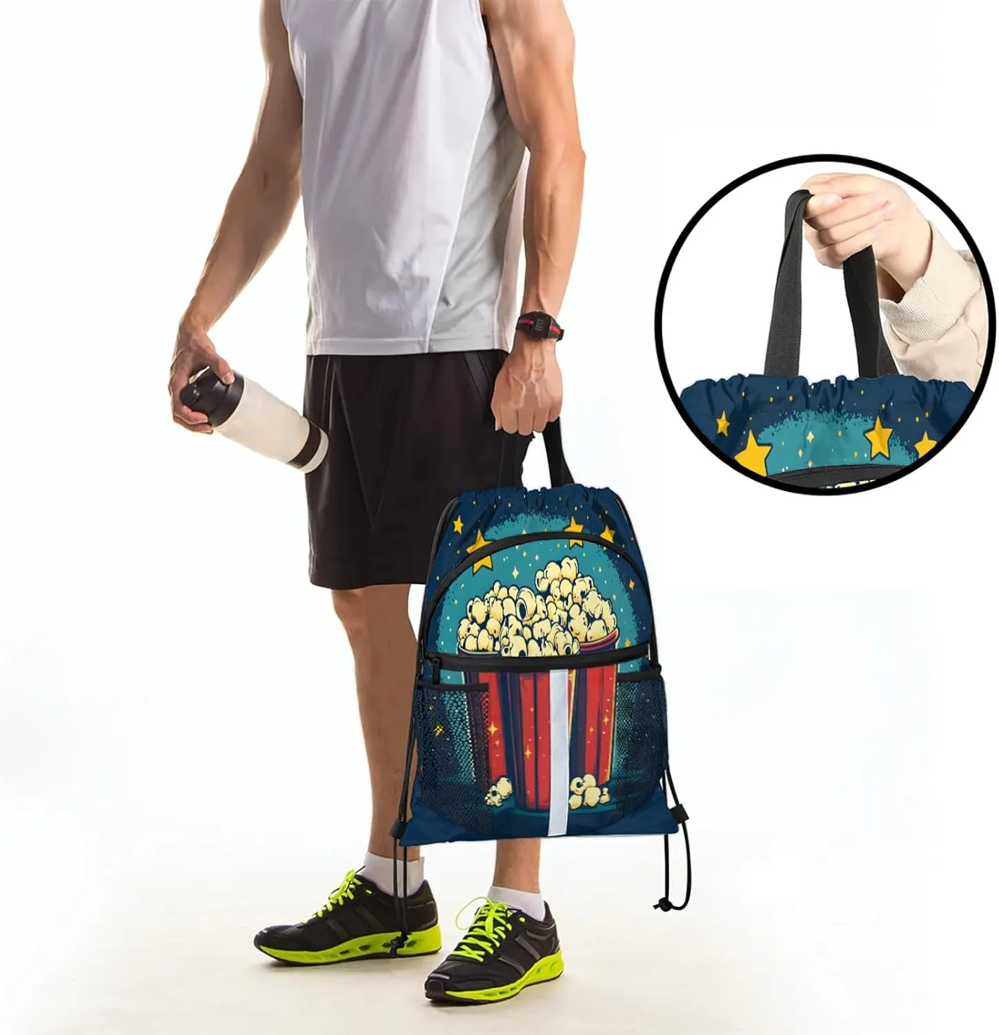 Popcorn Drawstring Backpack Waterproof Food Small String Bags Sackpack for Sports, Gym, Travel, Swimming, Beach