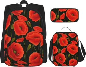 Poppy Flowers Print Versatile Adjustable Shoulder Fashion Backpack Lunch Bag Pencil Case Large Capacity