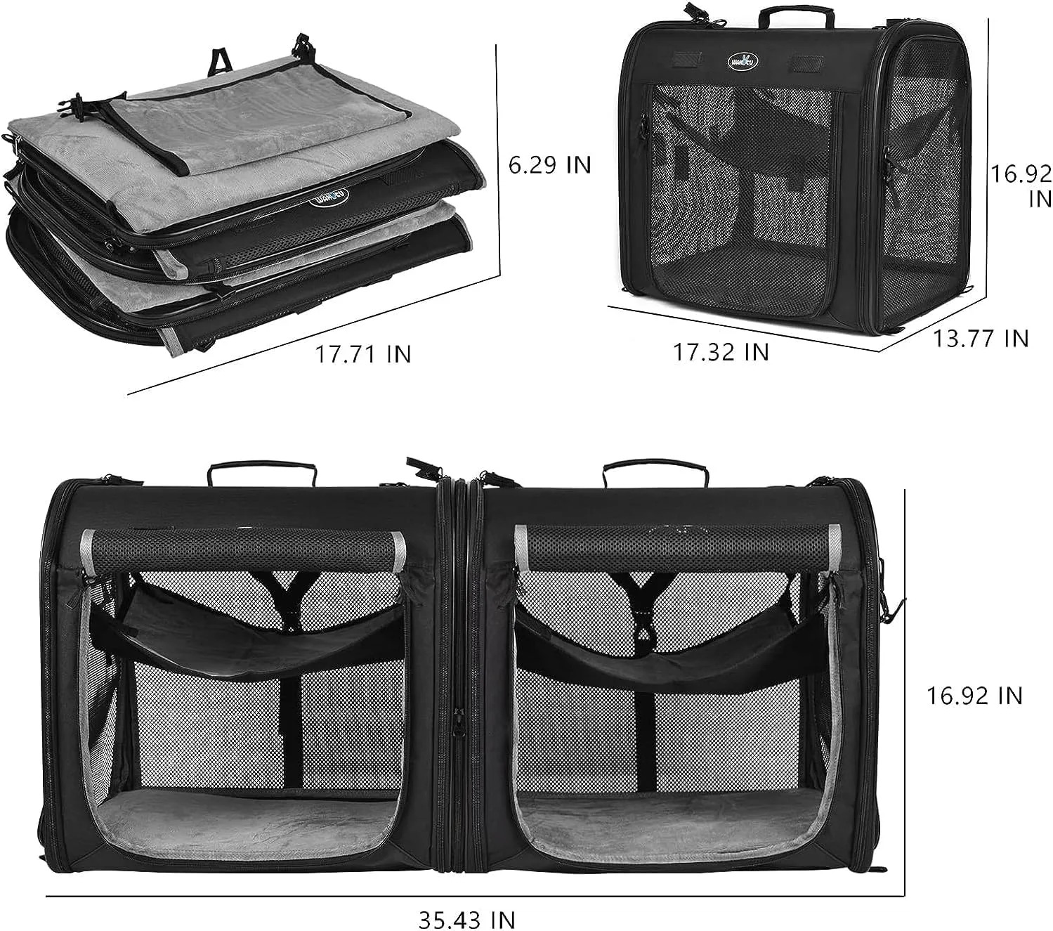 Portable 2-in-1 Pet Carrier for Medium Dogs Large Cat Carrier for 2 Cats Travel Double Dog Crate Set with Portable Carry Bag/Hammocks/Mats/Tent Stakes/2 Pcs Pet Bowls for Outdoor Camping