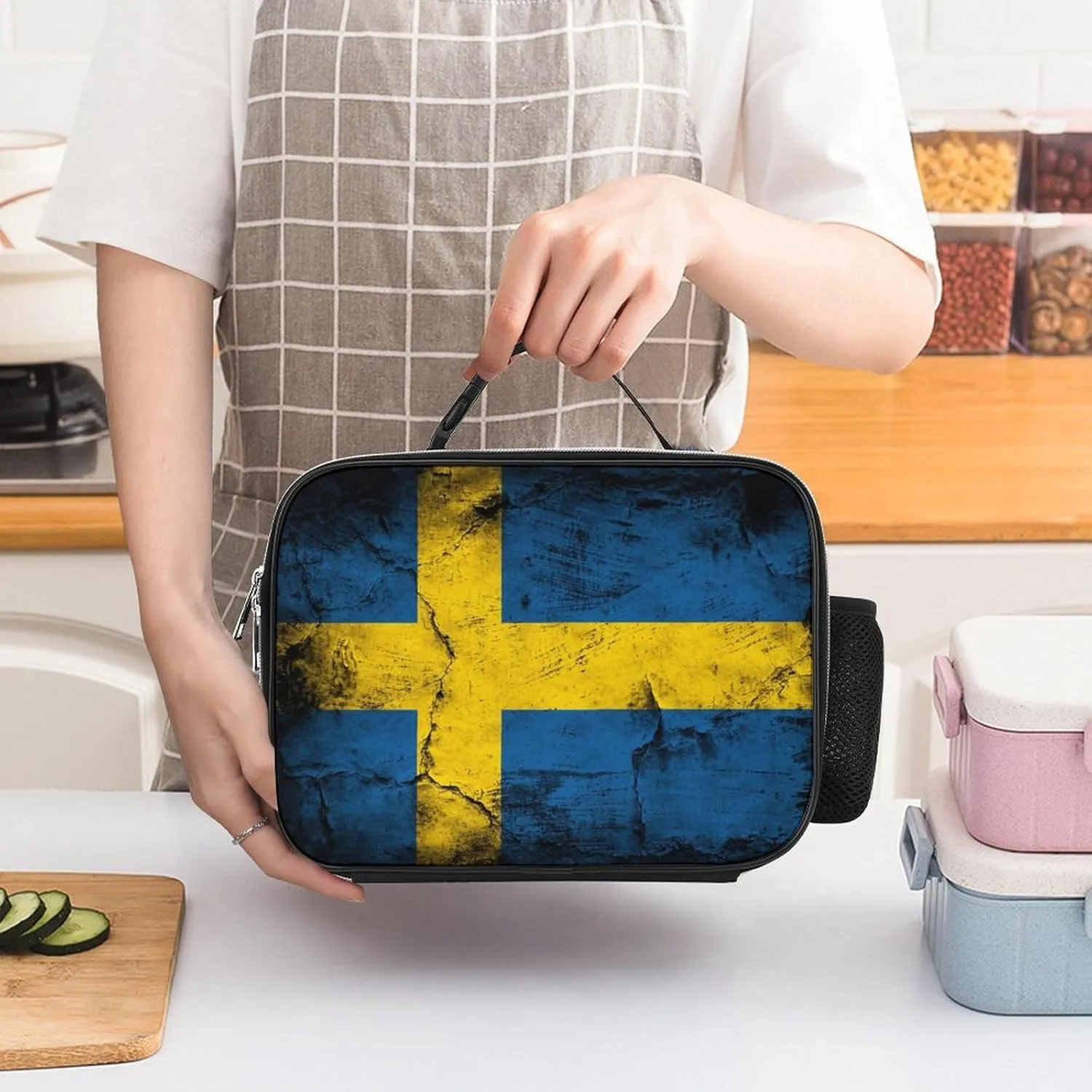 Portable Lunch Bag Insulated Lunch Box Cooler Bag, Reusable Lunch Tote Grunge Vintage Retro Sweden Flag Zipper Handbag for Travel Office Picnic