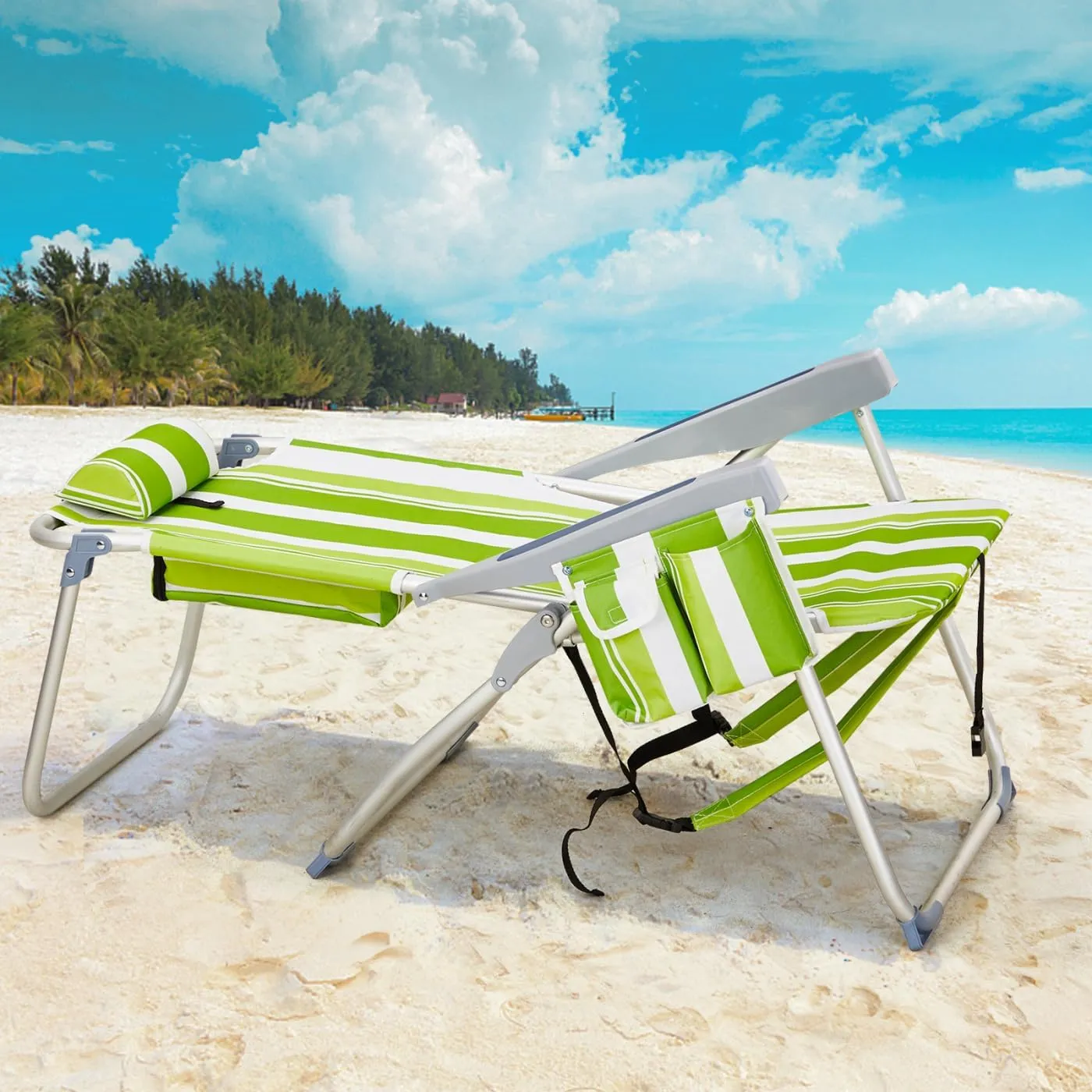 Portable Outdoor Camping Folding Chair with 5 Position Backrest, Cooler Pouch, Backpack Straps and Cup Holders, Flat-Lying, Heavy Duty Foldable Beach Chairs with Pillow for Patio/Park, Green Stripes