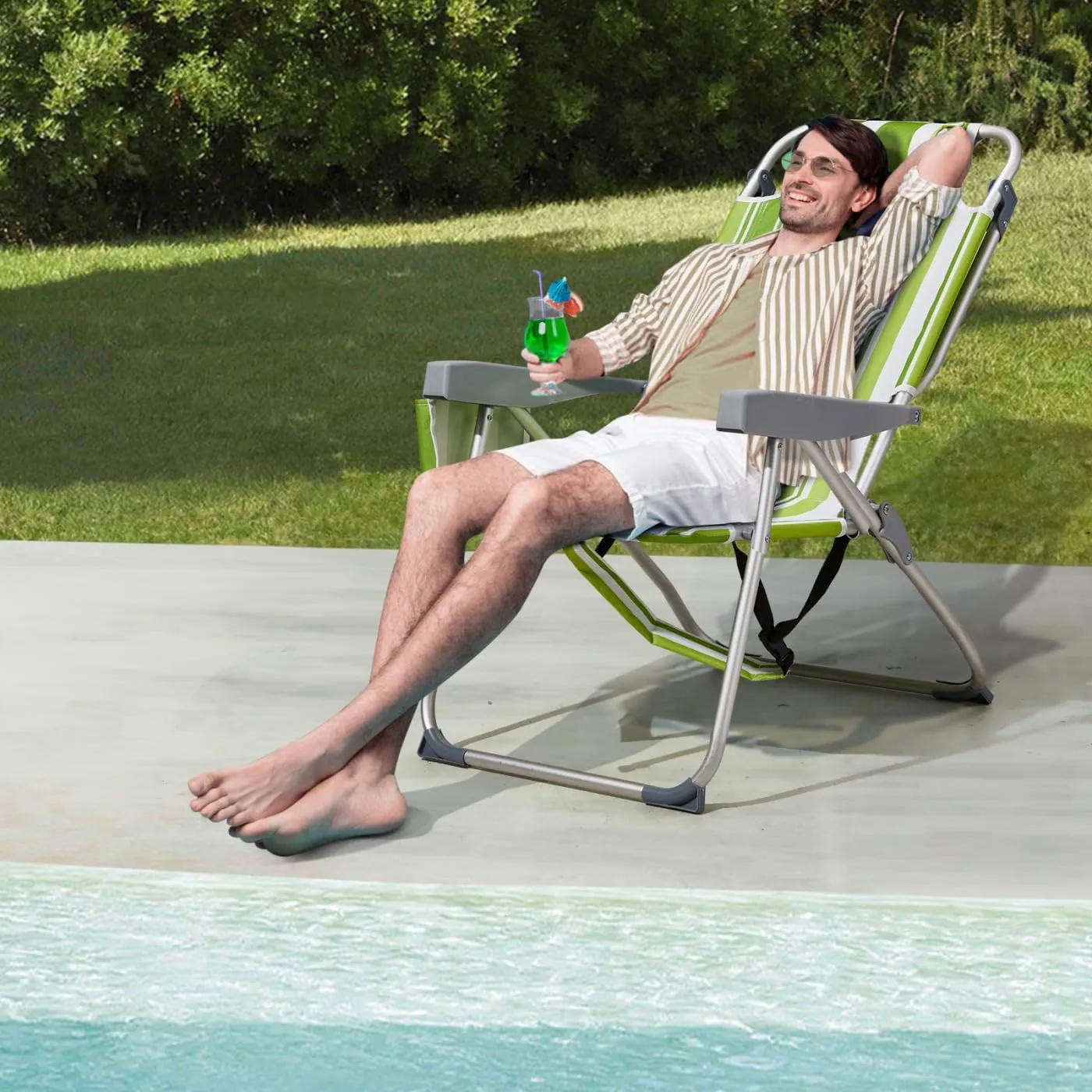 Portable Outdoor Camping Folding Chair with 5 Position Backrest, Cooler Pouch, Backpack Straps and Cup Holders, Flat-Lying, Heavy Duty Foldable Beach Chairs with Pillow for Patio/Park, Green Stripes