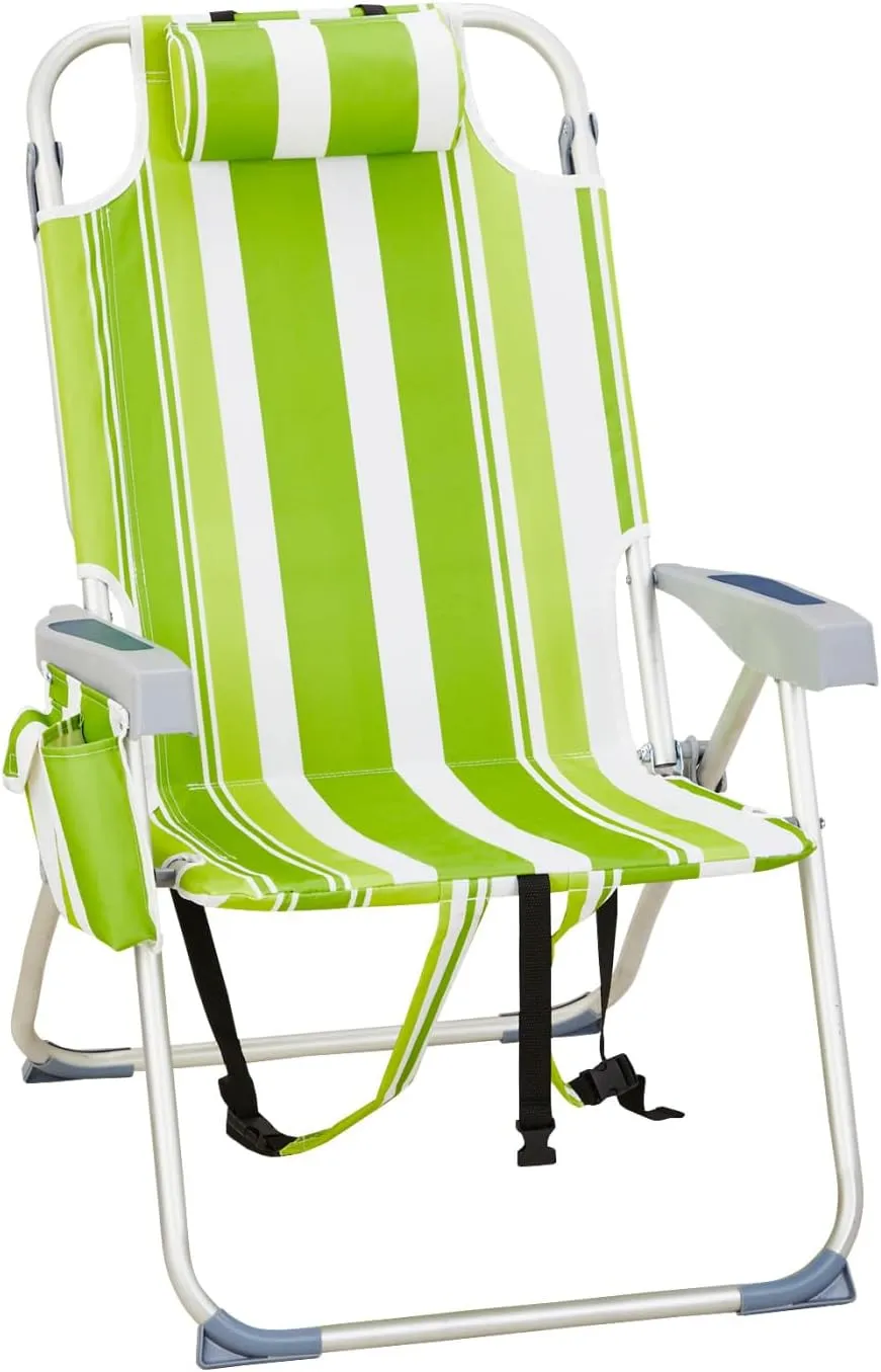 Portable Outdoor Camping Folding Chair with 5 Position Backrest, Cooler Pouch, Backpack Straps and Cup Holders, Flat-Lying, Heavy Duty Foldable Beach Chairs with Pillow for Patio/Park, Green Stripes