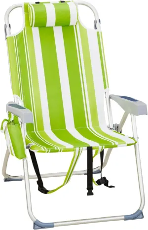 Portable Outdoor Camping Folding Chair with 5 Position Backrest, Cooler Pouch, Backpack Straps and Cup Holders, Flat-Lying, Heavy Duty Foldable Beach Chairs with Pillow for Patio/Park, Green Stripes