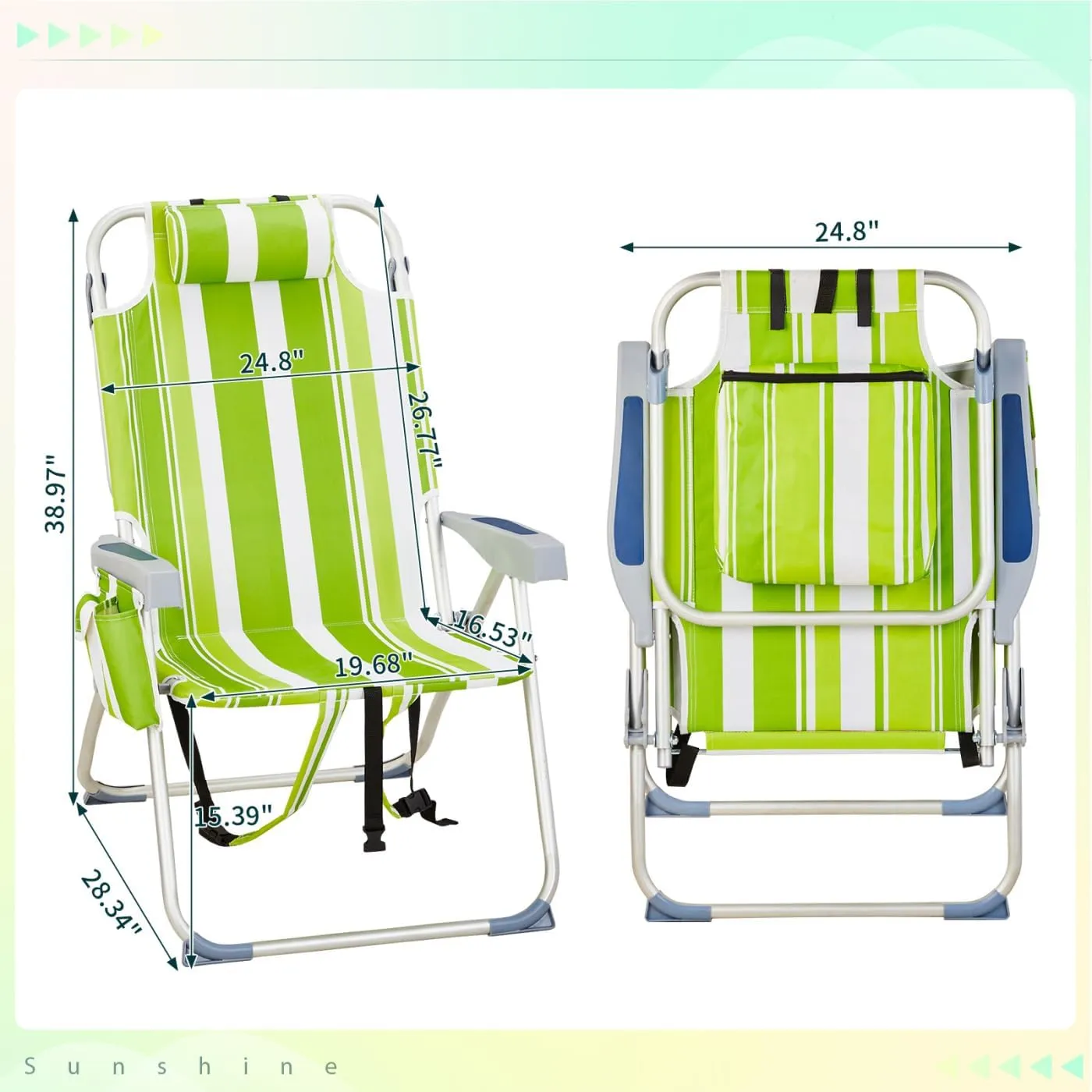 Portable Outdoor Camping Folding Chair with 5 Position Backrest, Cooler Pouch, Backpack Straps and Cup Holders, Flat-Lying, Heavy Duty Foldable Beach Chairs with Pillow for Patio/Park, Green Stripes