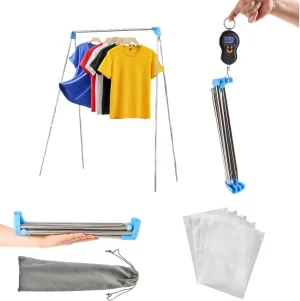 Portable Travel Garment Rack, Compact Stainless Steel Foldable Mini Drying Clothes Rack for Travel, Camping, Hotel Room, Laundry, Dance Costume, Indoor, Outdoor (Updated-Longer and Thicker)