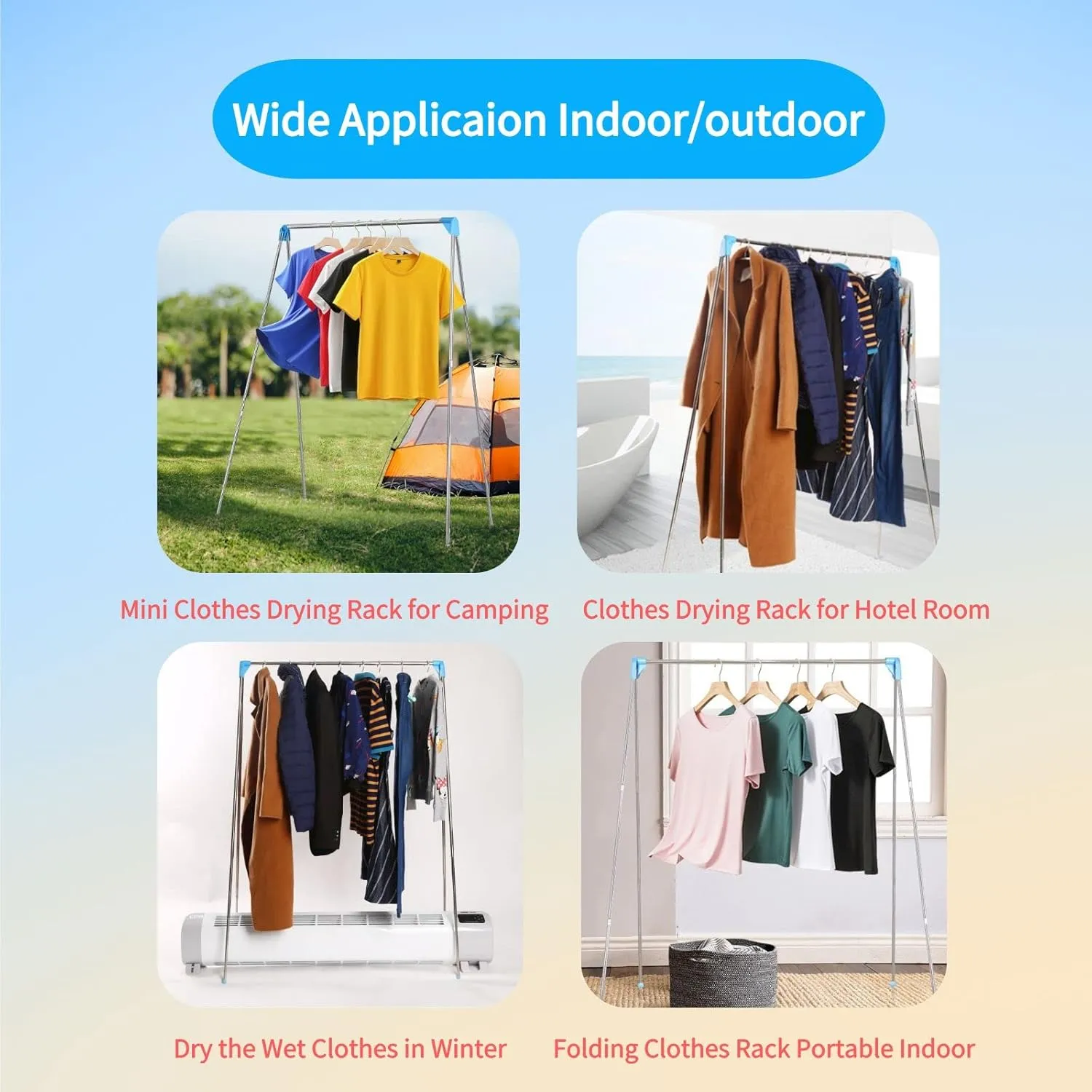 Portable Travel Garment Rack, Compact Stainless Steel Foldable Mini Drying Clothes Rack for Travel, Camping, Hotel Room, Laundry, Dance Costume, Indoor, Outdoor (Updated-Longer and Thicker)