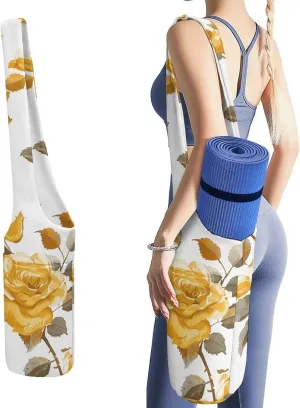 Portable Yoga Mat Bag Mustard Yellow Rose Printed Gym Bag with Strap Yoga Mat Storage Bag Gym Tote Sports Bag for Pilates Travel Men Women
