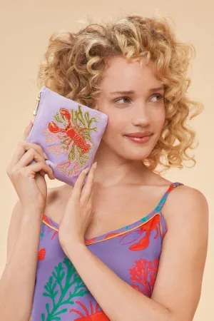Powder Velvet Embroidered Mini Pouch - Lobster Buddies