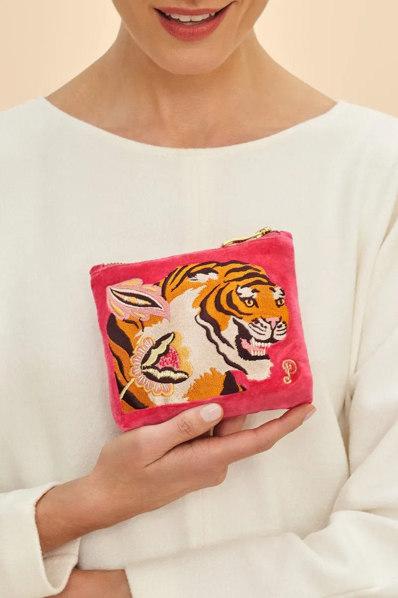Powder Velvet Embroidered Mini Pouch - Thrill Of The Tiger