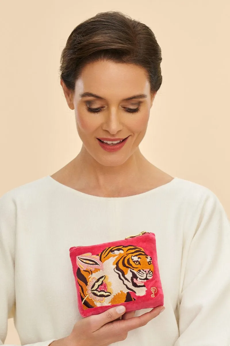 Powder Velvet Embroidered Mini Pouch - Thrill Of The Tiger